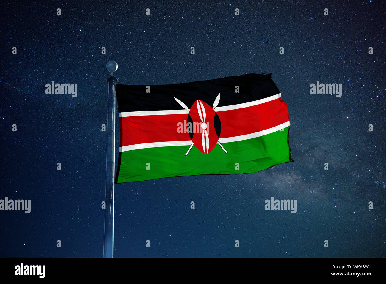Low Angle View Of Kenyan Flag Against Star Field Sky Stock Photo