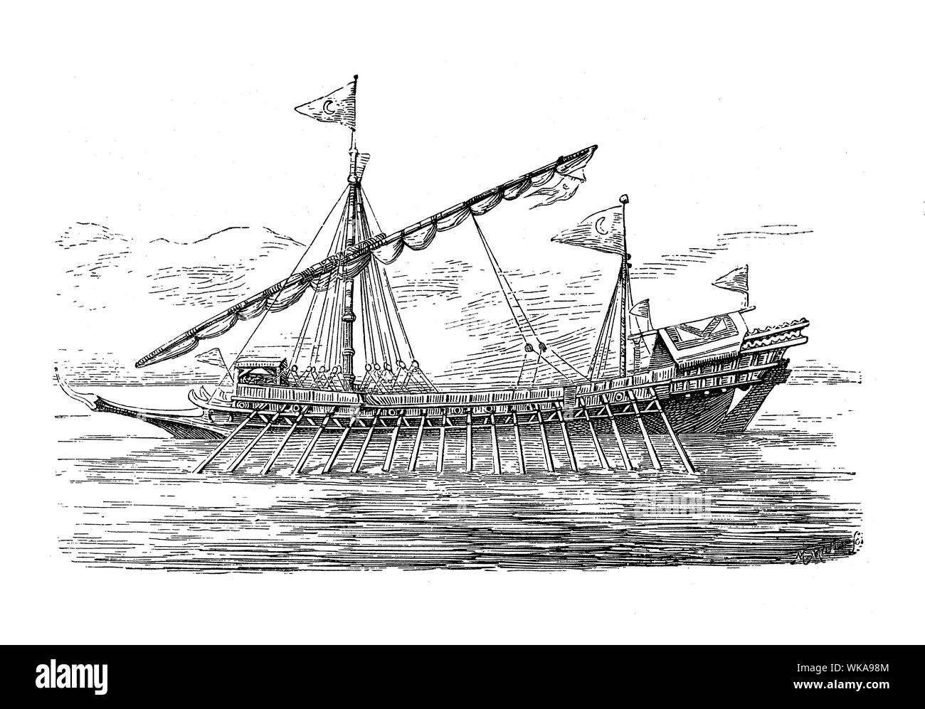 Turkish galley ship  with long, slender hull and shallow draft  propelled by rowing, 16th century Stock Photo