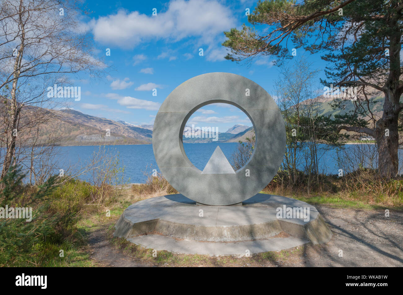 A sculpture by Scottish artist, Doug Cocker, permanent monument for the Ben Lomond National Memorial Park, a tribute to those who gave their lives in the service of their country. Rowardennan Stirling District Scotland Stock Photo