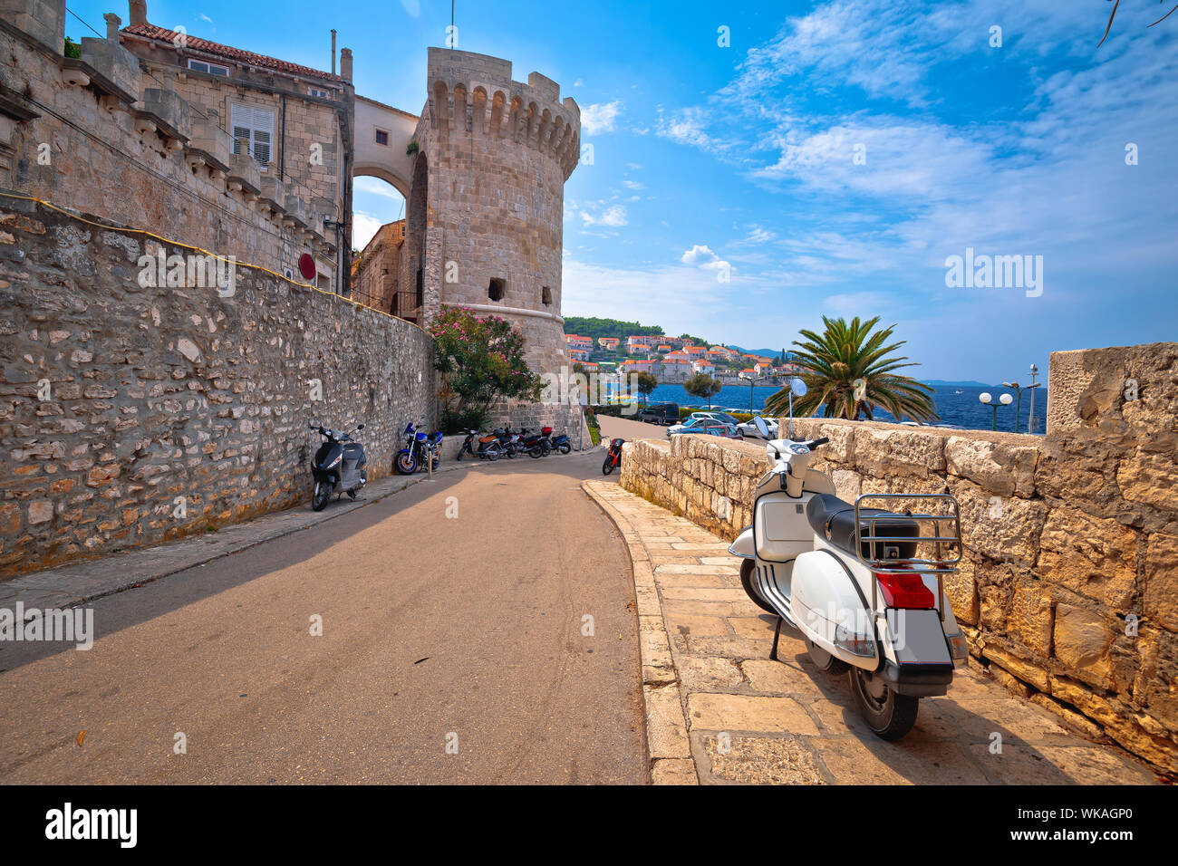 Town of Korcula stone tower and city walls colorful view, archipelago of  southern Dalmatia, Croatia Stock Photo - Alamy