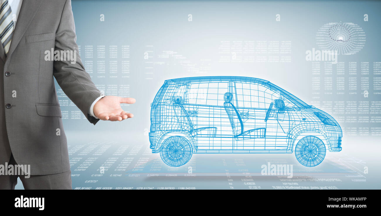 Businessman points hand on wire frame car. High-tech graphs at backdrop Stock Photo