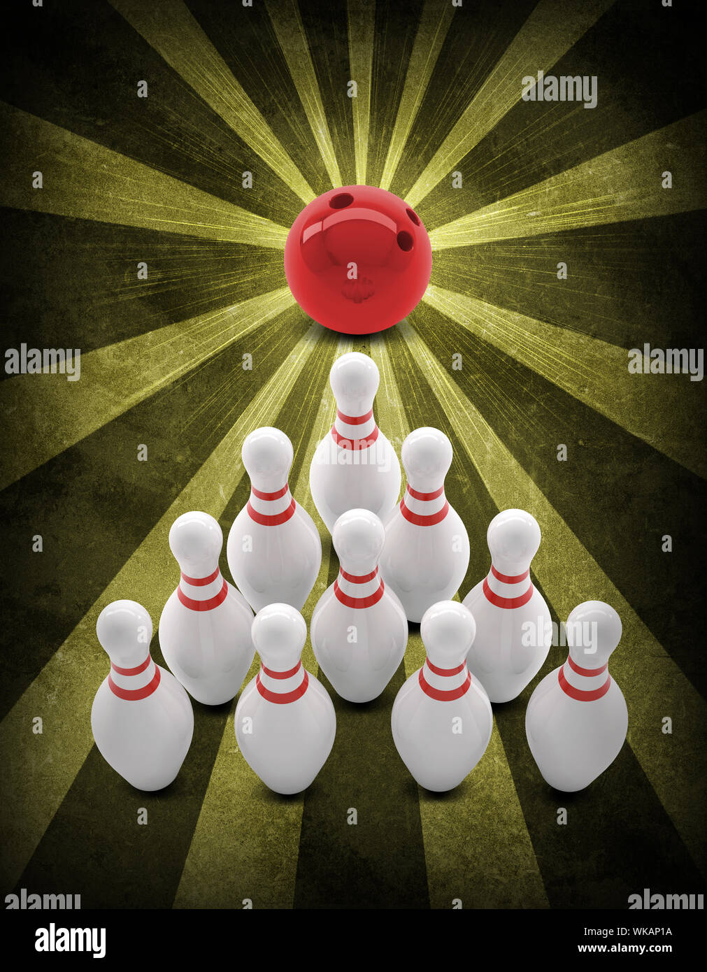 Bowling ball breaks standing pins. Sports background. Grunge style Stock Photo
