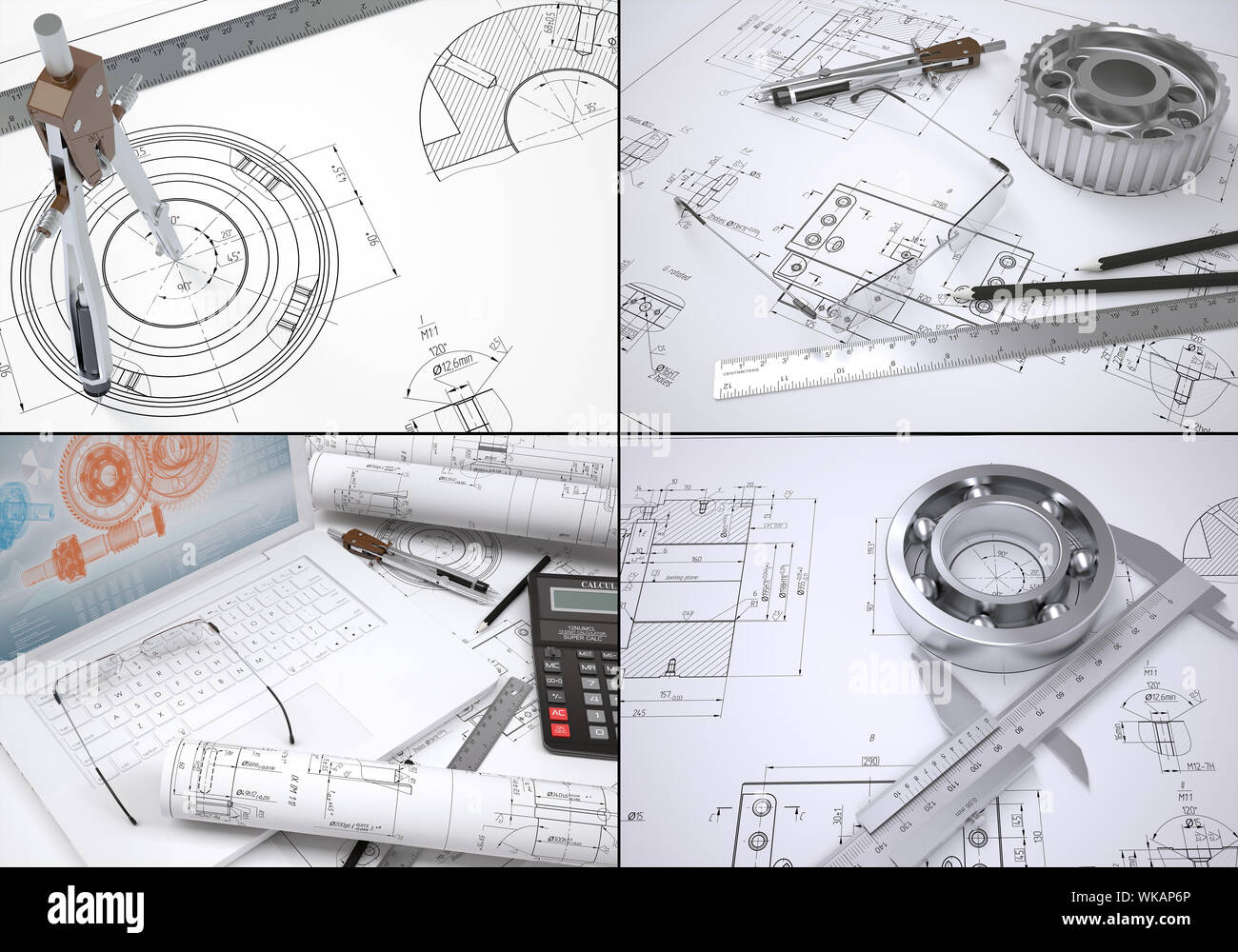 Collection of images on engineering topics. Drawings and engineer tools ...