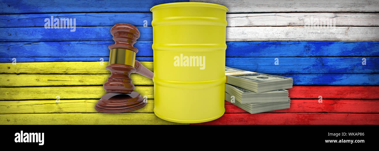 Gavel, barrel gas stack of currency dollars. Ukrainian and Russian flags as background. Concept crisis in Ukraine Stock Photo