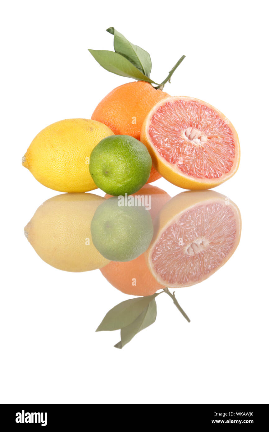 Close-up Of Fruits With Reflection Over White Background Stock Photo
