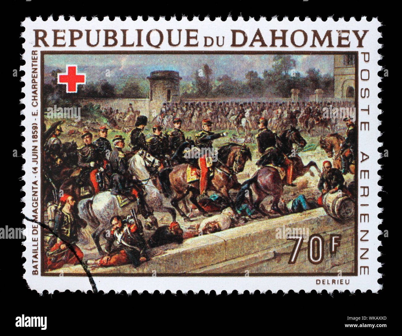 Stamp printed in Dahomey shows Battle of Magenta, by Louis Eugene Charpentier, Red Cross series, circa 1968. Stock Photo