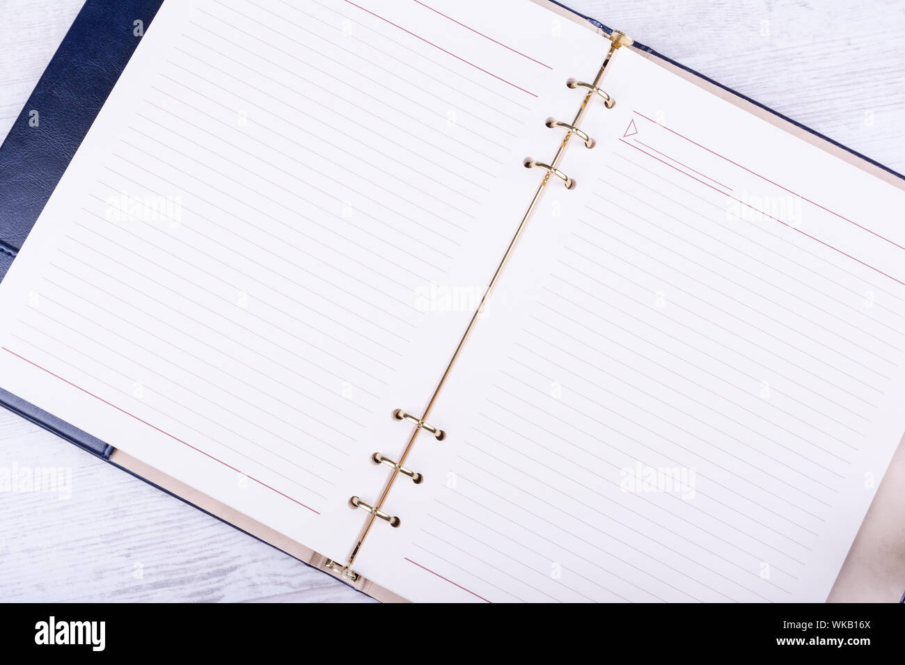 Opened leather notebook on white wooden background. Stock Photo