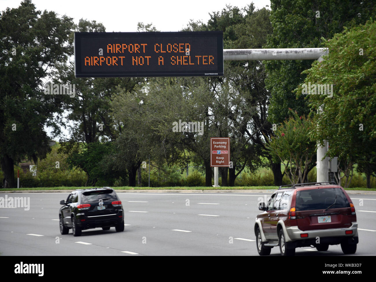 Orlando, United States. 03rd Sep, 2019. A sign advising passengers that the airport is closed and is not a shelter is seen at Orlando International Airport. The airport was closed on September 3, 2019 as Hurricane Dorian turns to the north off the eastern coast of Florida after a weakened Category 2 storm devastates parts of the Bahamas. Credit: SOPA Images Limited/Alamy Live News Stock Photo