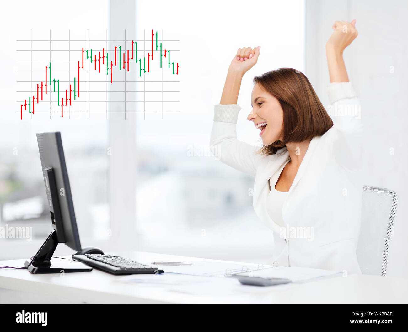 business, office, triumph, winning and mony concept - happy businesswoman  with computer in office Stock Photo - Alamy
