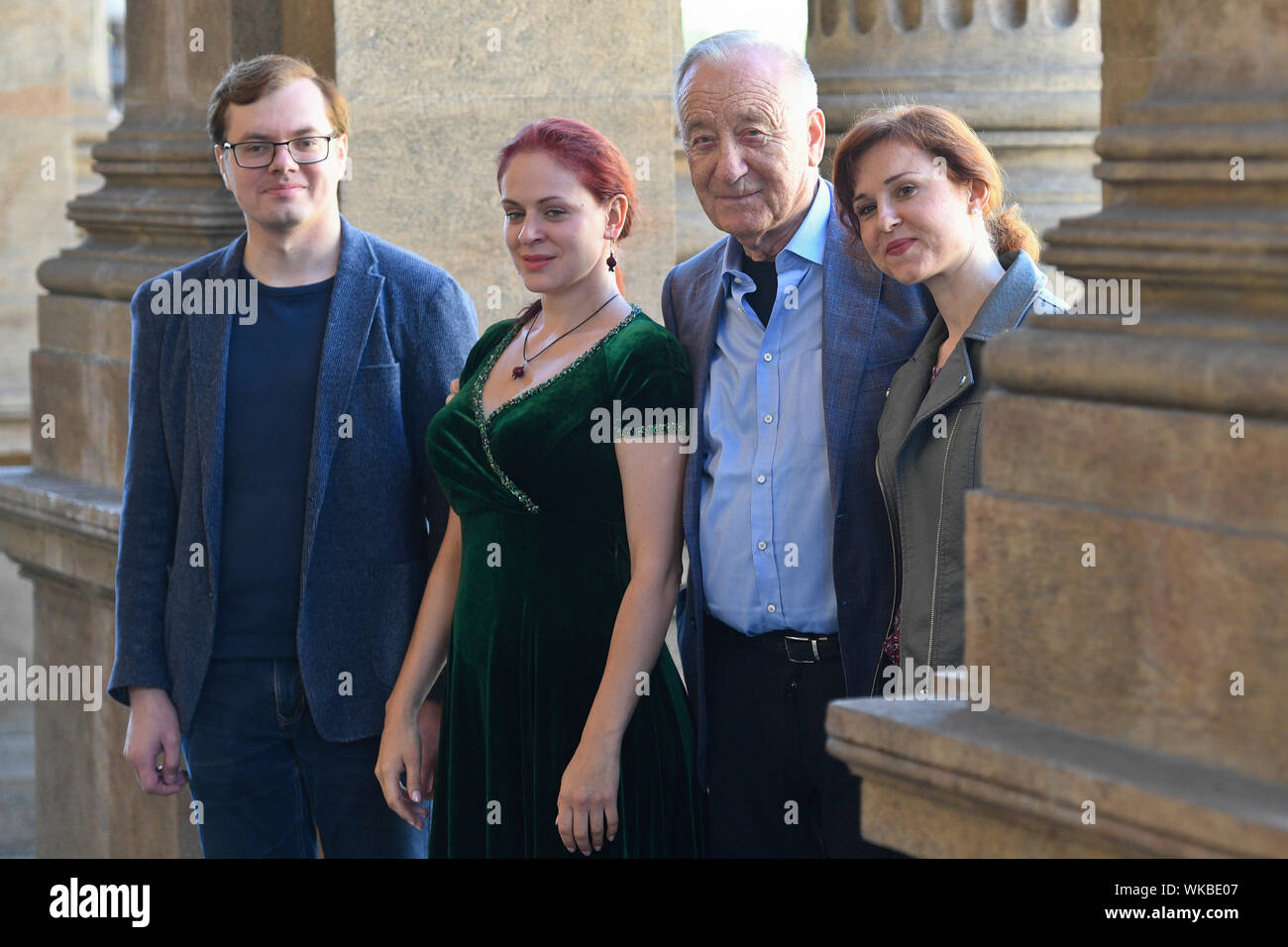 Prague, Czech Republic. 04th Sep, 2019. Russian composer Rodion Shchedrin,  2nd from right, poses during a press conference on upcoming Czech premiere  of his opera Lolita, on September 4, 2019, in Prague,