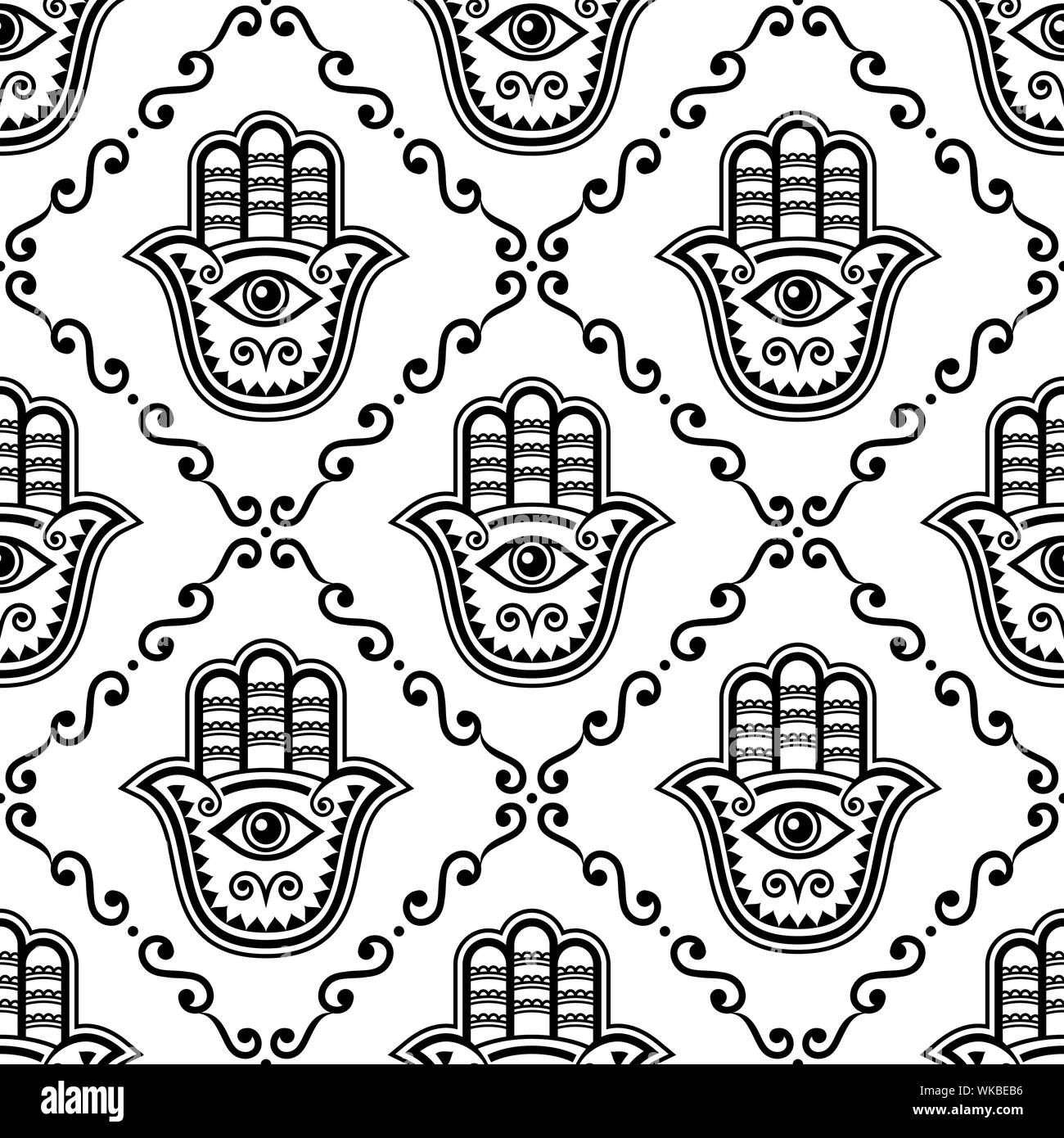 Hamsa hand seamless vector pattern, Khamsa or Hand of Fatima repetitive design, symbol of protection from devil eye background in black and white. Stock Vector