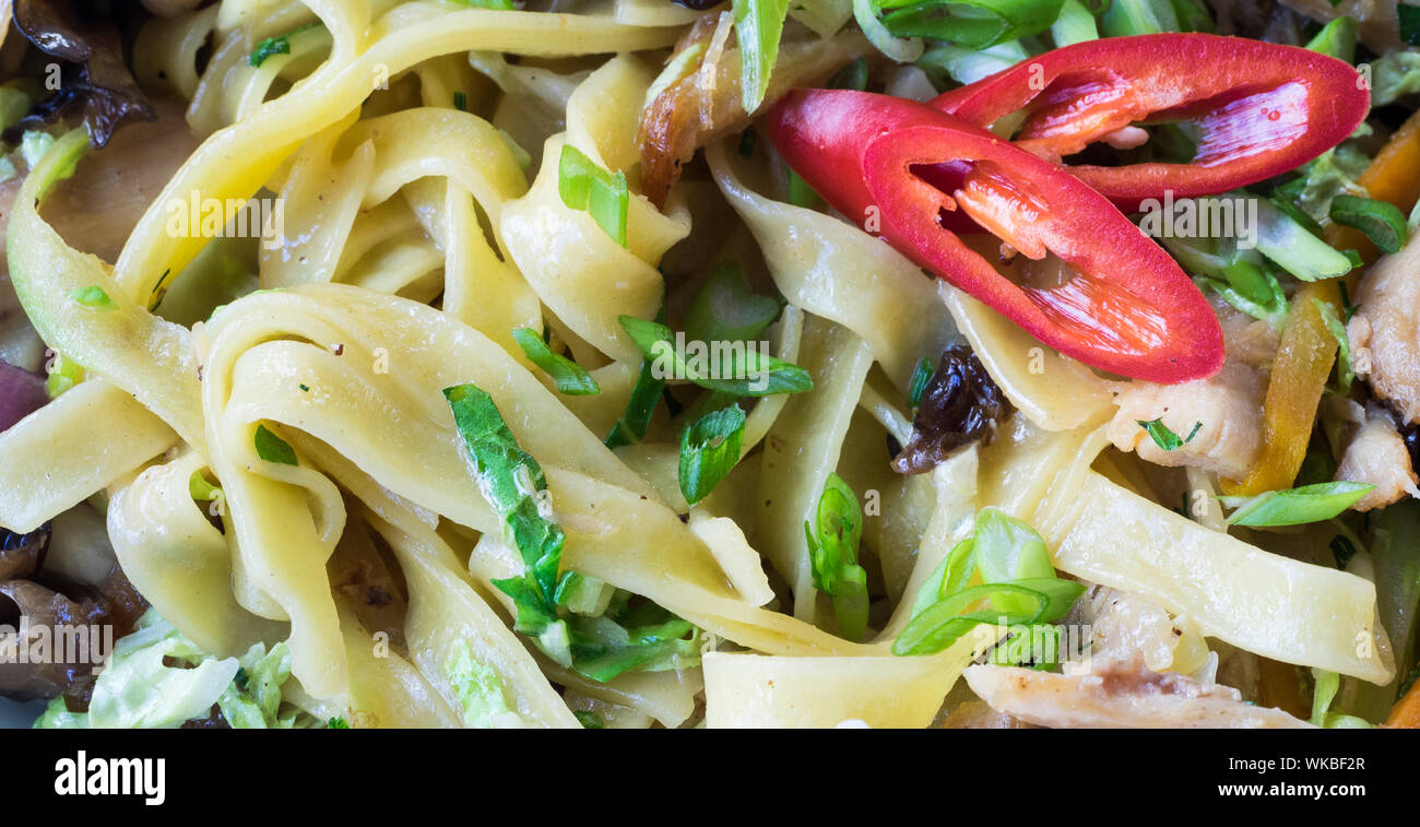 Directly Above View Of Fresh Tagliatelle With Meat And Vegetables Stock Photo