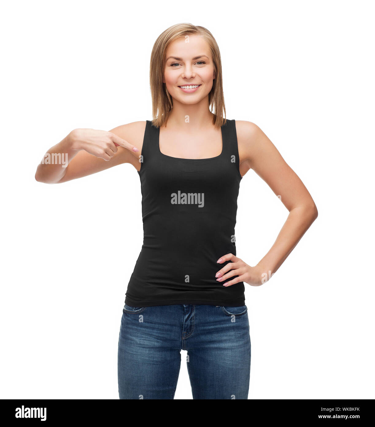 tank top design and gesture concept - smiling woman in blank purple tank top  pointing her finger at herself Stock Photo - Alamy