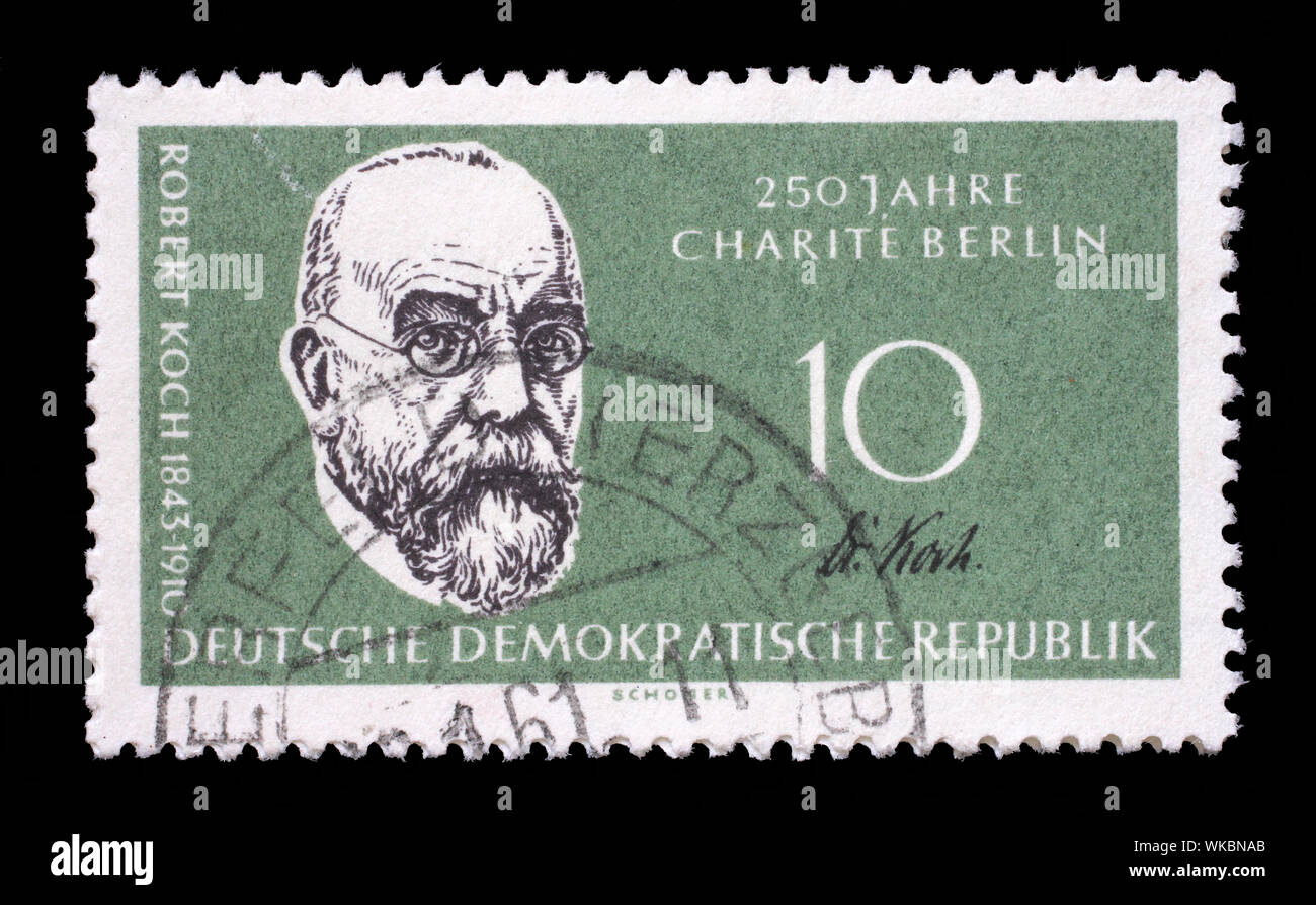 Stamp issued in Germany - Democratic Republic (DDR) shows Prof. Dr. Robert Koch, bacteriologist, 125th annivers. of the Humboldt university, 250th ann Stock Photo