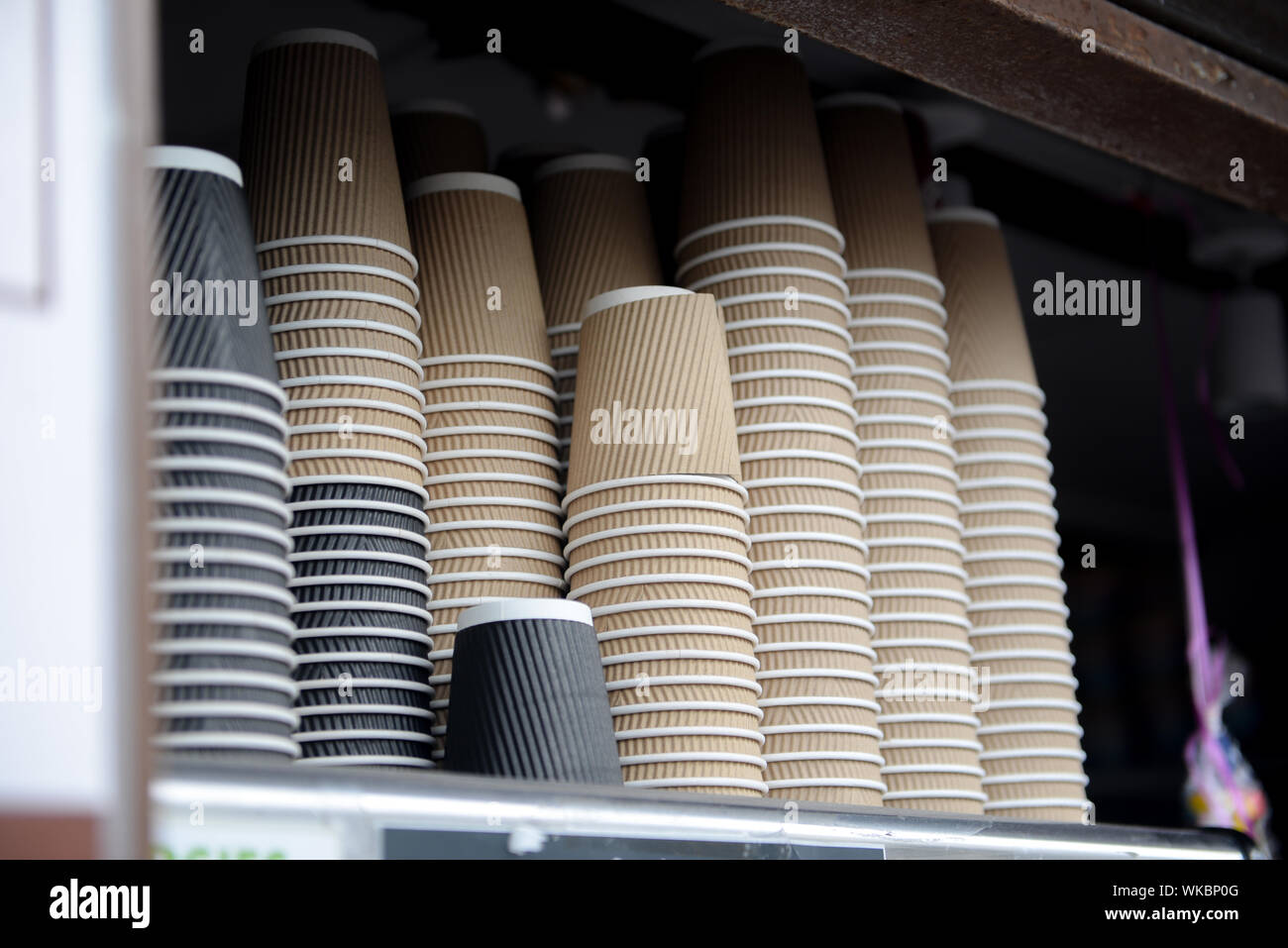 Hot drink dispoable cups stored upside down on a food truck counter Stock Photo Alamy