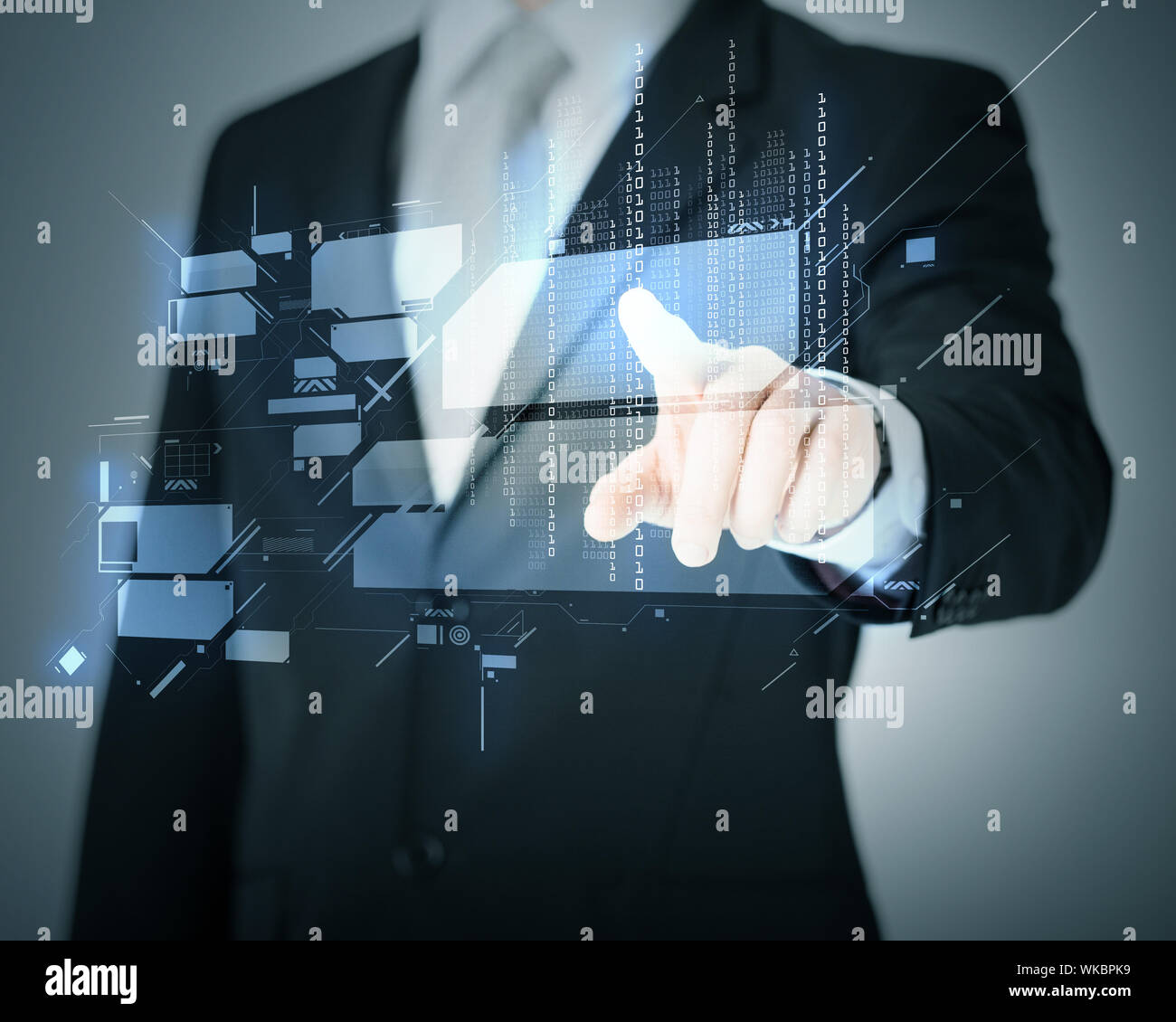 man hand pointing at virtual screen Stock Photo