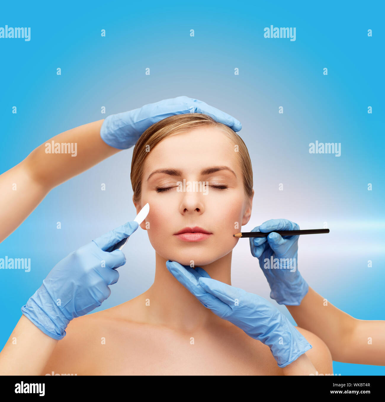 woman face and beautician hands with pencil Stock Photo Alamy