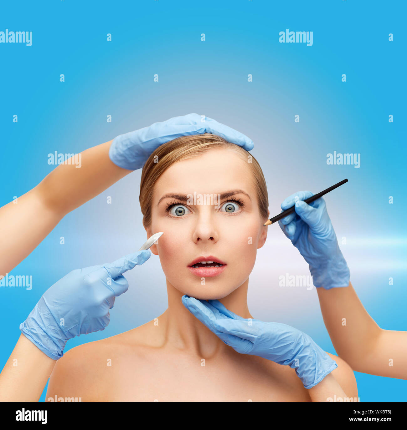 woman face and beautician hands with pencil Stock Photo Alamy