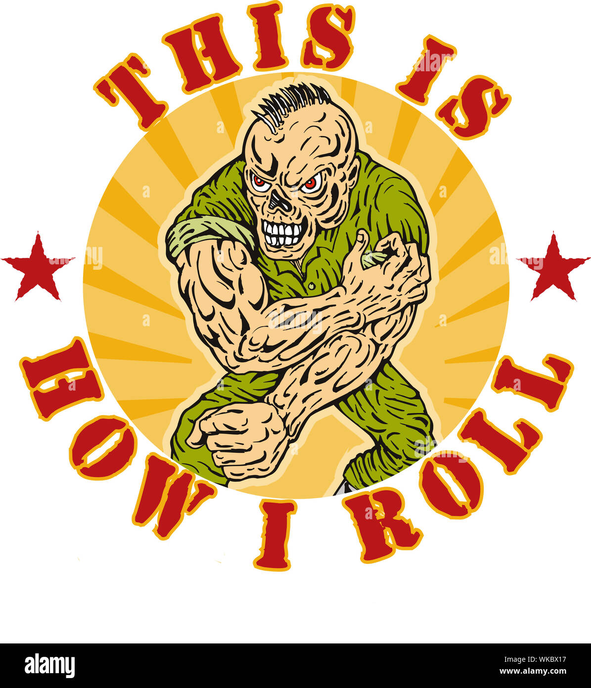 hand drawn illustration of an angry skull face army punk  with wording 'this is how i roll' Stock Photo