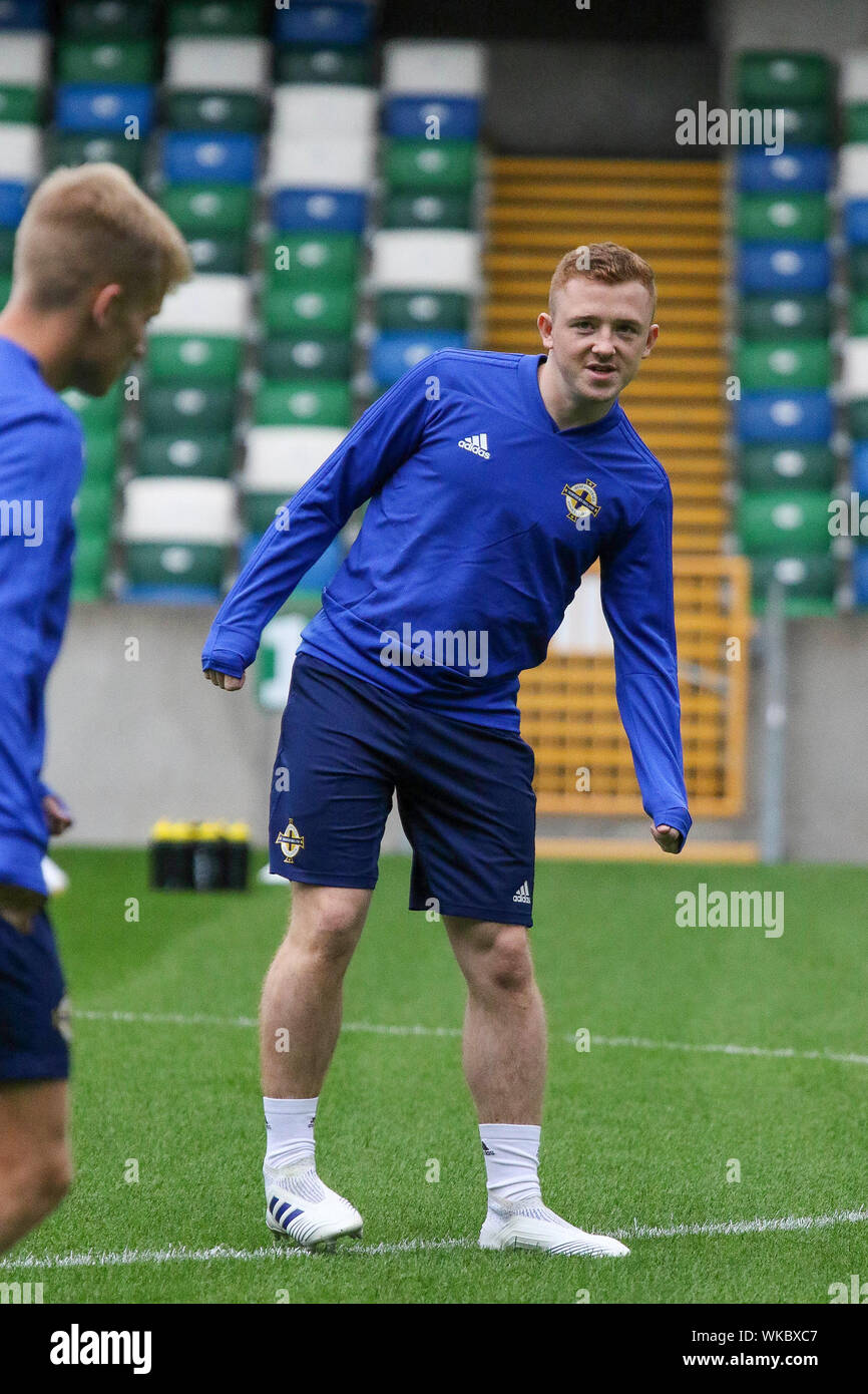 Windsor Park, Belfast, Northern Ireland. 04th Sept 2019. Northern Ireland training in Belfast this morning ahead of their international football friendly against Luxembourg tomorrow night in the stadium. Shayne Lavery at training. Credit: David Hunter/Alamy Live News. Stock Photo