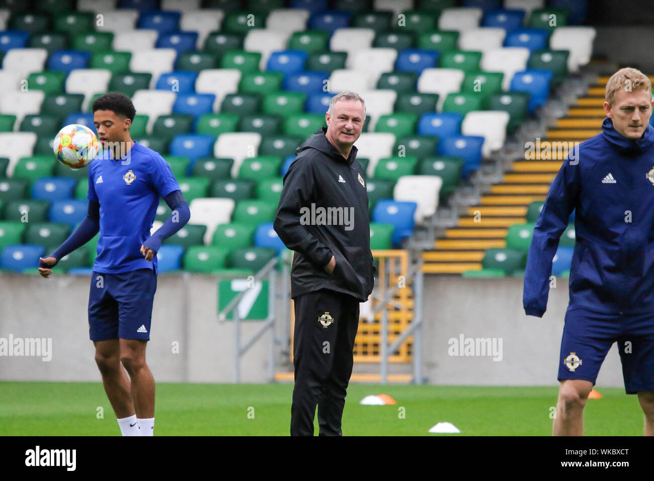 Windsor Park, Belfast, Northern Ireland. 04th Sept 2019. Northern Ireland training in Belfast this morning ahead of their international football friendly against Luxembourg tomorrow night in the stadium. Manager Michael O'Neill at training. Credit: David Hunter/Alamy Live News. Stock Photo