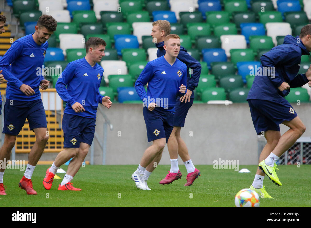 Windsor Park, Belfast, Northern Ireland. 04th Sept 2019. Northern Ireland training in Belfast this morning ahead of their international football friendly against Luxembourg tomorrow night in the stadium. Shayne Lavery at training. Credit: David Hunter/Alamy Live News. Stock Photo