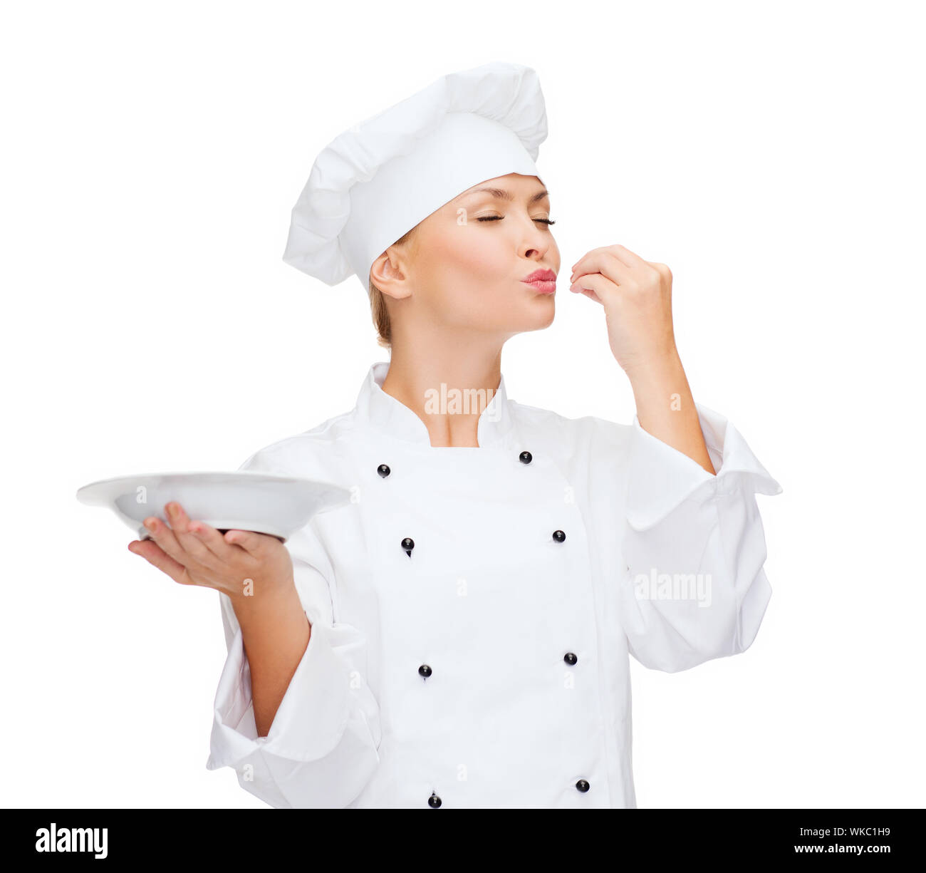 https://c8.alamy.com/comp/WKC1H9/female-chef-with-plate-showing-delicious-sign-WKC1H9.jpg