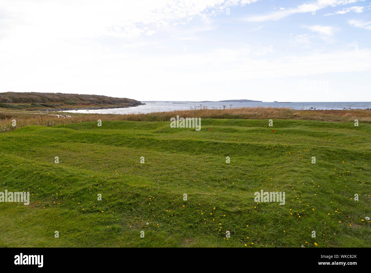 The outline of Norse buildings at L'Anse aux Meadows in Newfoundland and Labrador, Canada. Stock Photo