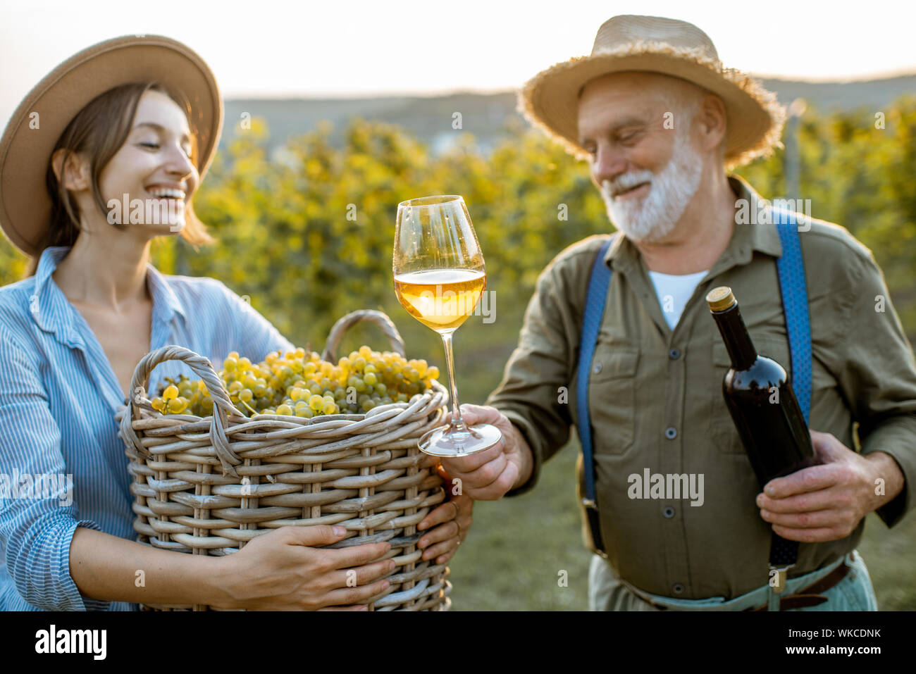 Senior man and young woman tasting wine, while standing together with freshly picked up grapes on the vinneyard on a sunny evening Stock Photo