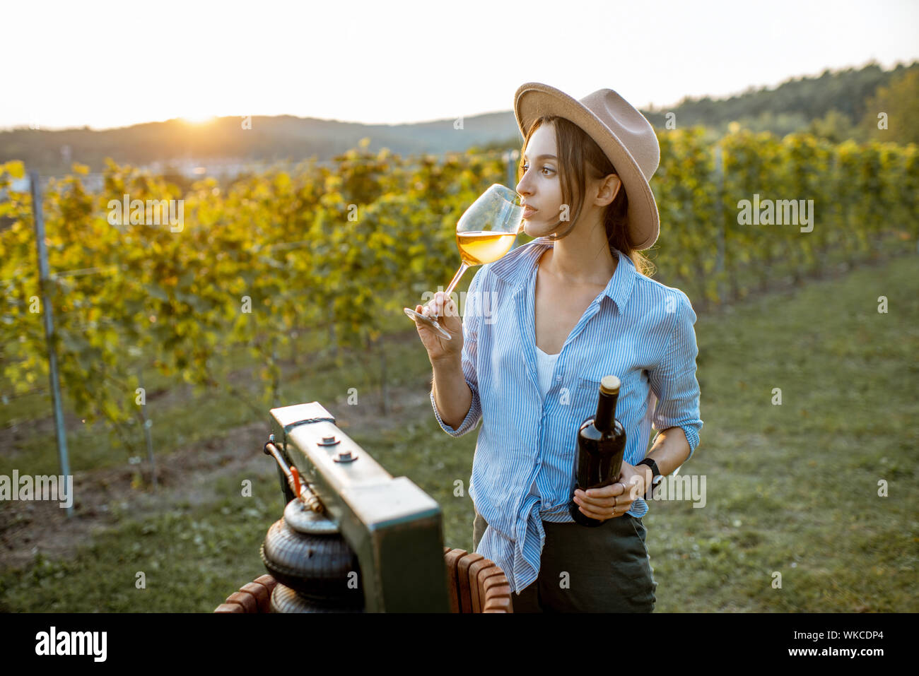 Young and cheerful woman tasting wine, while standing near the press machine on the vineyard on a sunny evening Stock Photo