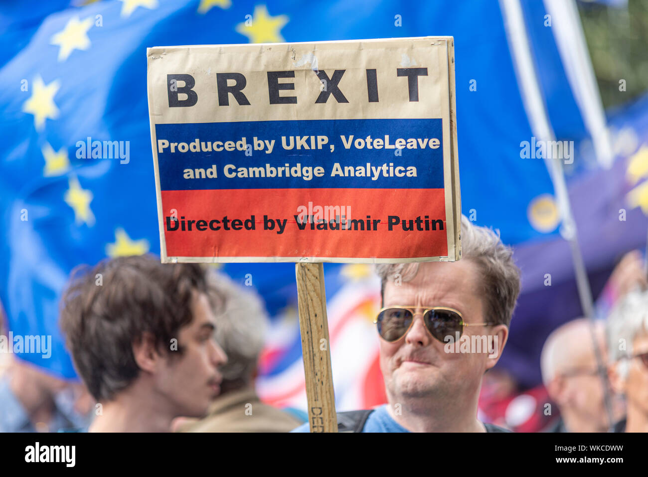 Brexit protest as Parliament resumed after summer recess with new Prime Minister Boris Johnson debating No Deal Brexit and prorogue. Placard Stock Photo