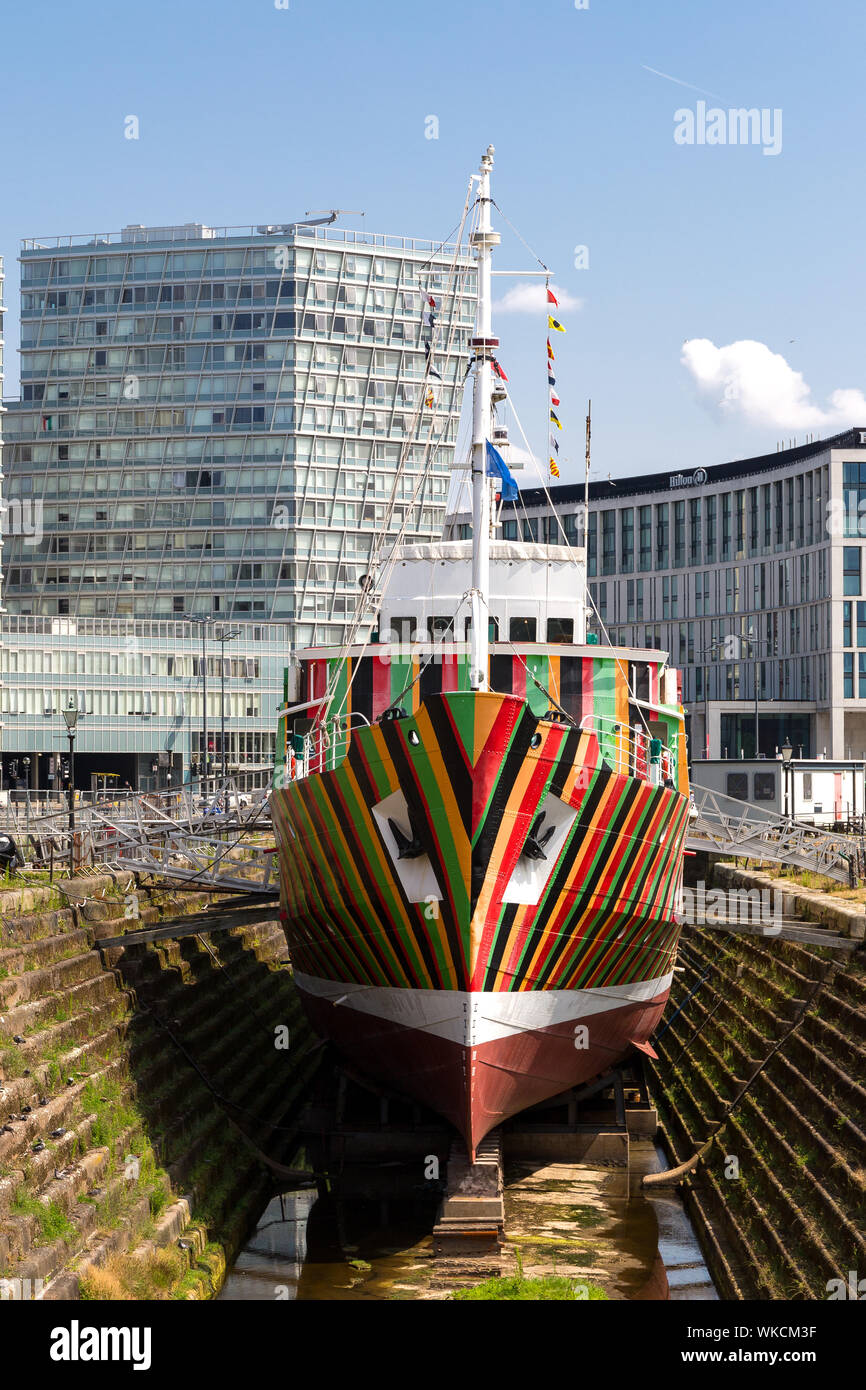 The pilot ship Edmund Gardner in Canning Graving Docks, Liverpool was Dazzle painted as part of the WW1 centenary arts commision. Stock Photo