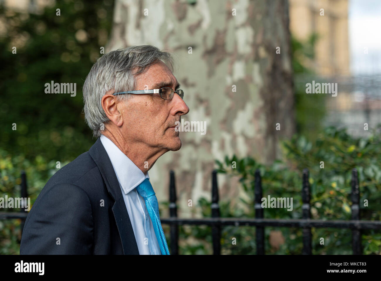 Sir John Redwood MP outside Parliament as government resumed after summer recess debating No Deal Brexit and prorogue Stock Photo