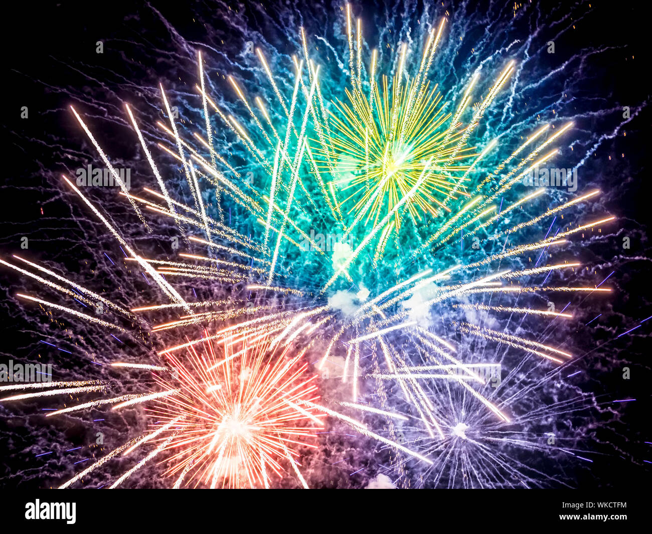 Low Angle View Of Colorful Fireworks Display At Night Stock Photo
