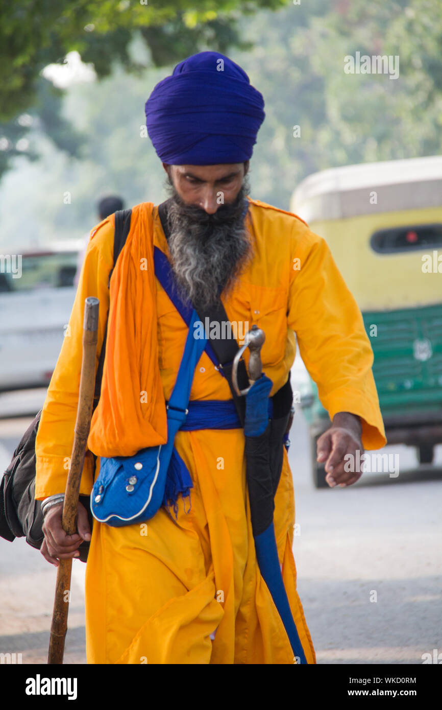 Sikh man walking on the road, New Delhi, India Stock Photo