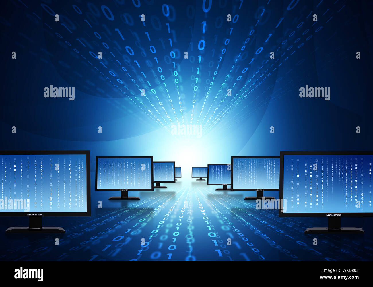 Rows monitors with glowing figures. Hi-tech technological background Stock Photo