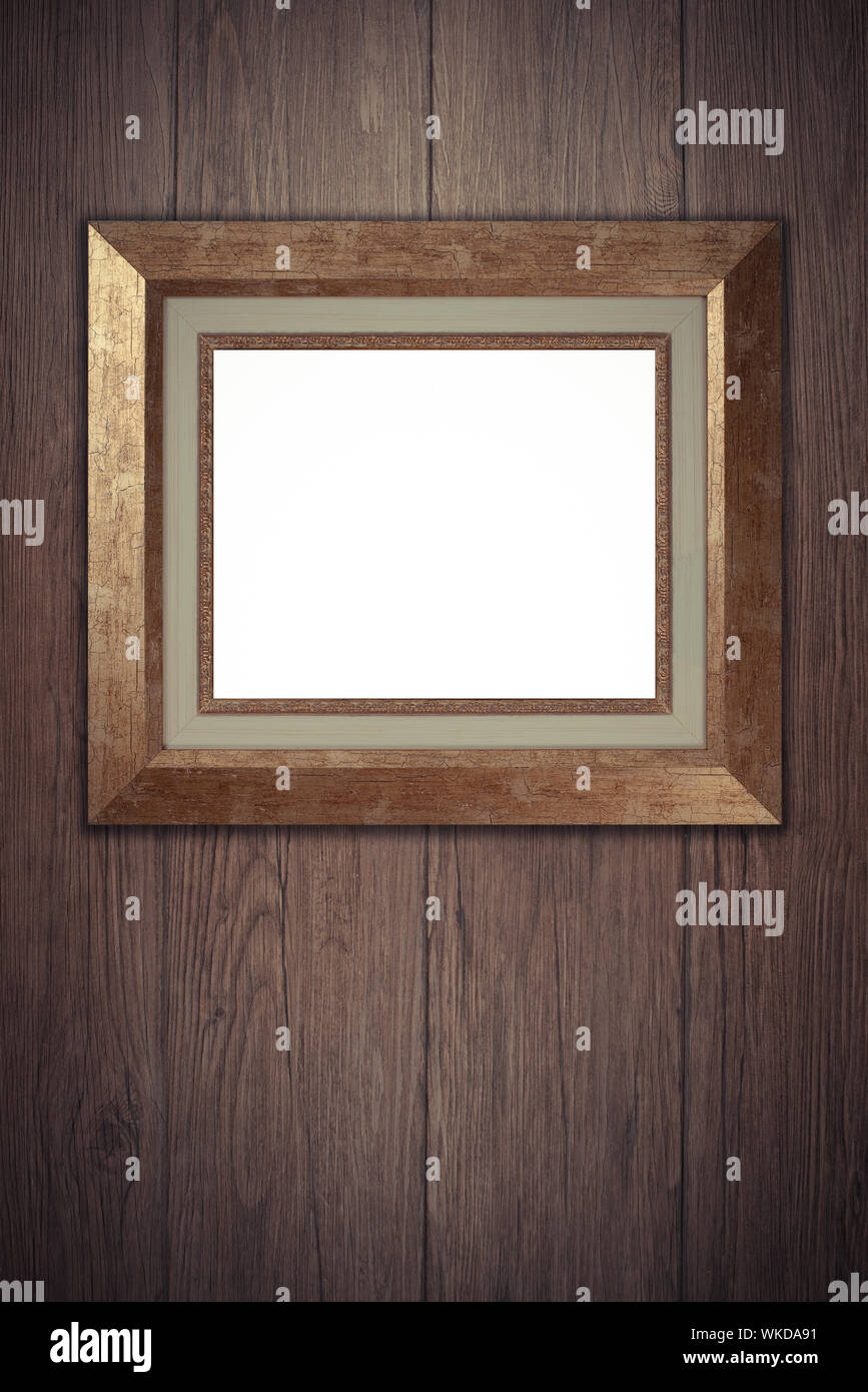 Old picture frame on vintage wood wall Stock Photo - Alamy