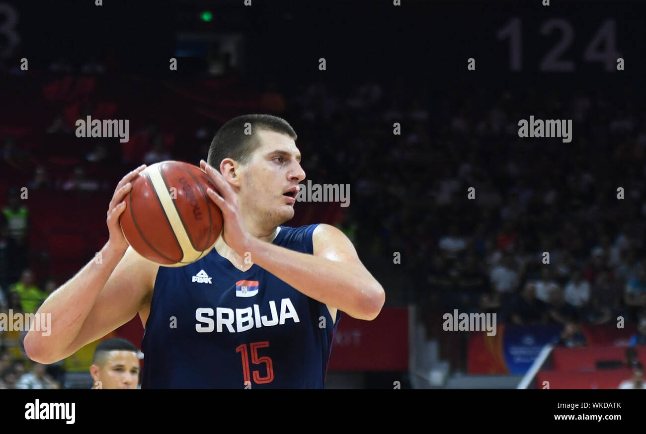 (190904) -- FOSHAN, Sept. 4, 2019 (Xinhua) -- Nikola Jokic of Serbia controls the ball during the group D match between Italy and Serbia at the 2019 FIBA World Cup in Foshan, south China's Guangdong Province, Sept. 4, 2019. (Xinhua/Huang Zongzhi) Stock Photo