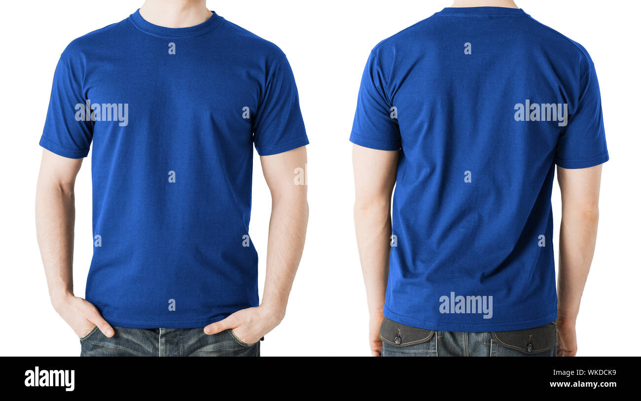 clothing design concept - man in blank blue t-shirt, front and back ...