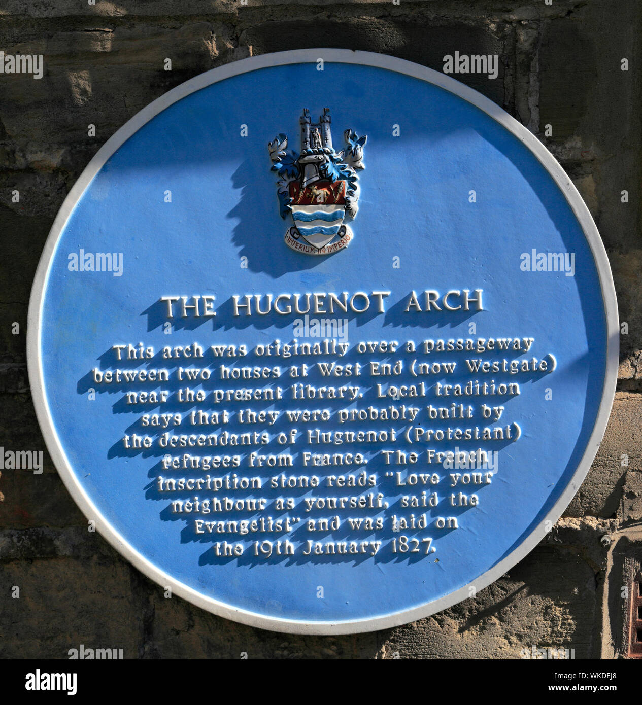 The Huguenot arch plaque, Garden of rest, Wetherby town, North Yorkshire, England, UK Stock Photo