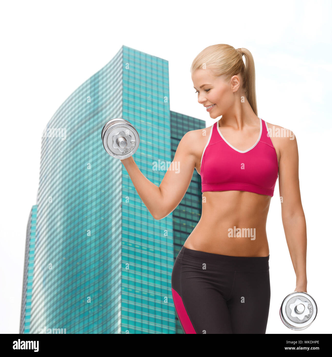 fitness, healthcare and dieting concept young sporty woman lifting