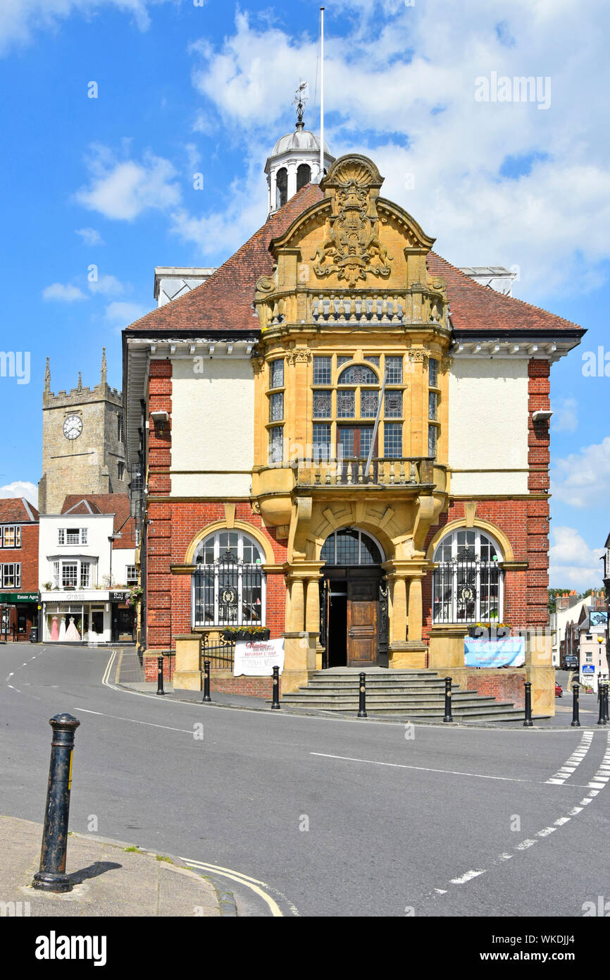 Old Marlborough Town Hall historical listed Victorian building in high street of English market town on busy A4 road & junction Wiltshire England UK Stock Photo