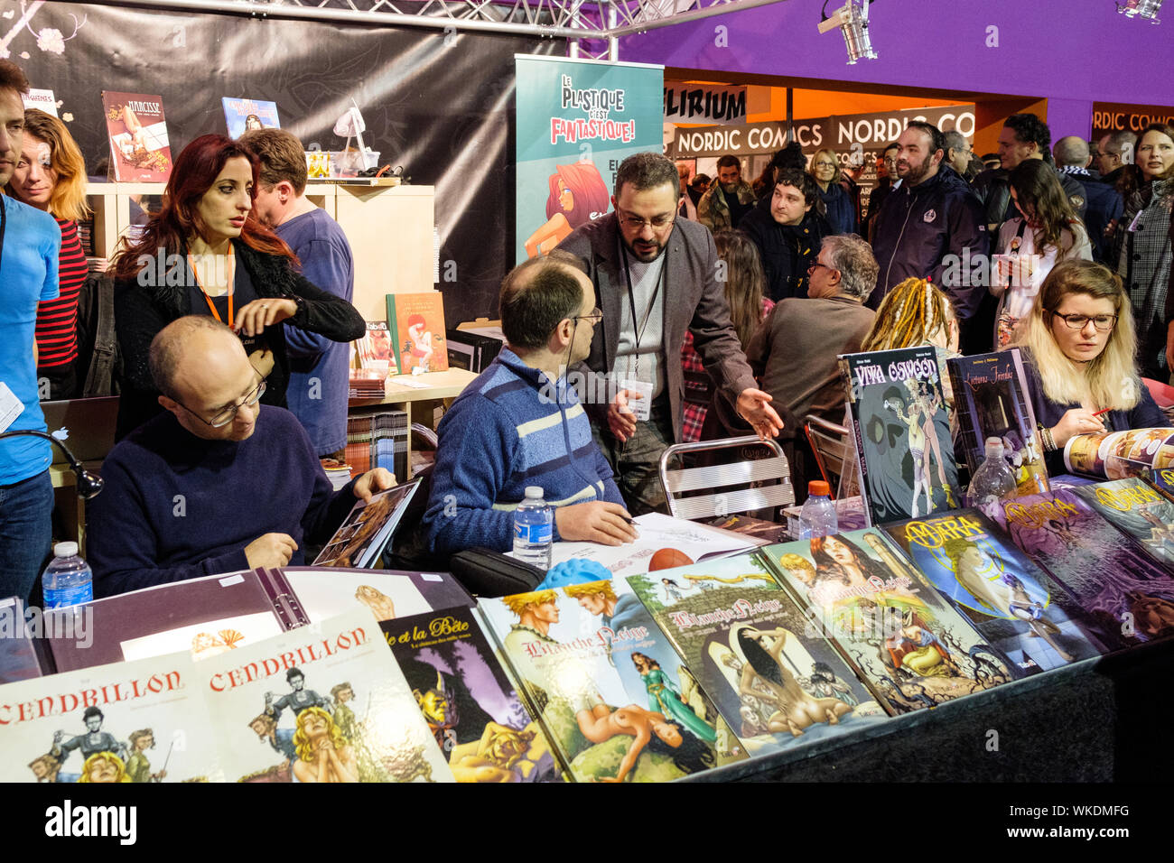 Angouleme (south-western France): atmosphere, stands of the 45th International Comics Festival. Stock Photo