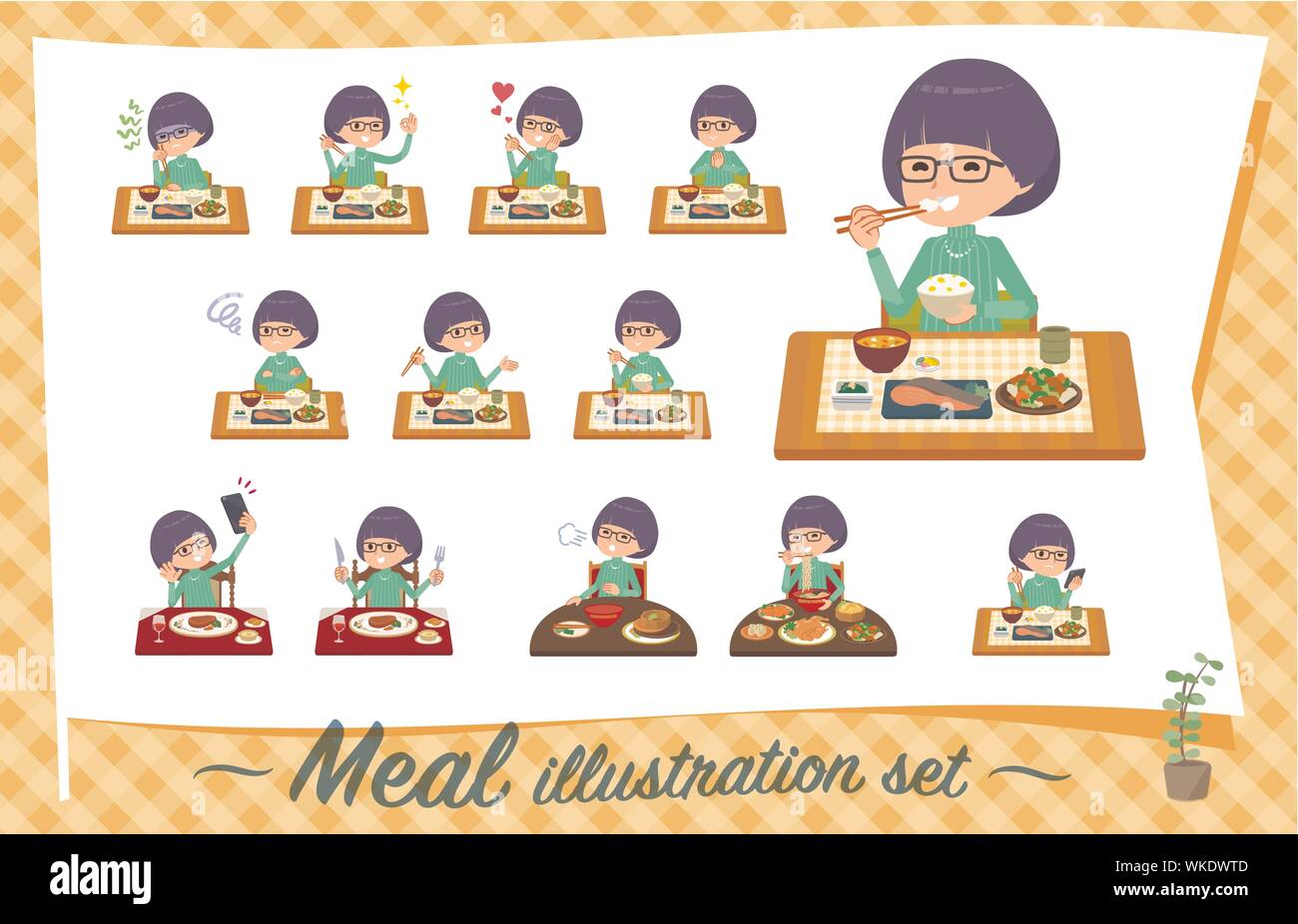 A set of girl about meals.Japanese and Chinese cuisine, Western style dishes and so on.It's vector art so it's easy to edit. Stock Vector