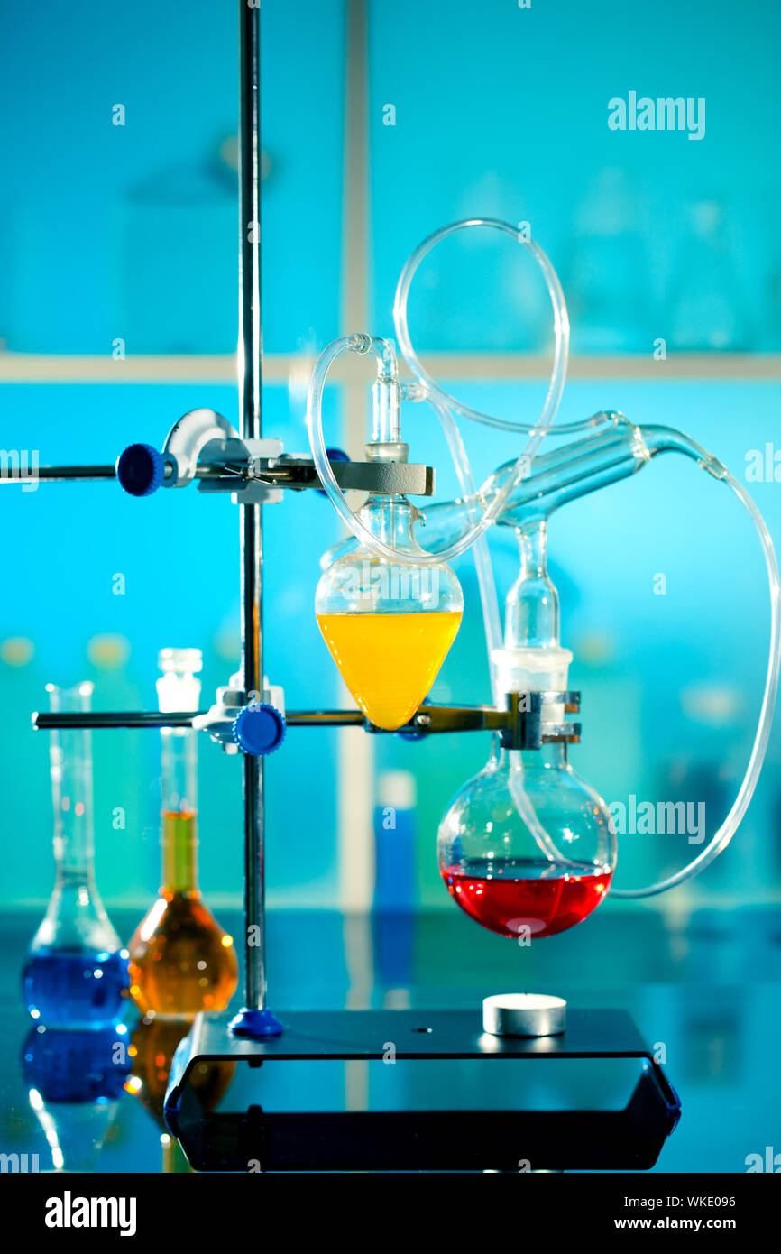 glass laboratory apparatus with liquid samples Stock Photo Alamy