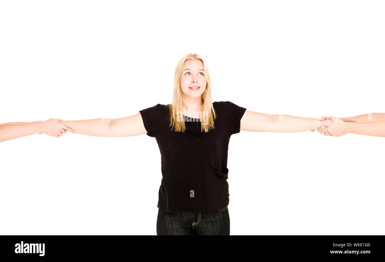 Woman tug of war isolated on white background Stock Photo