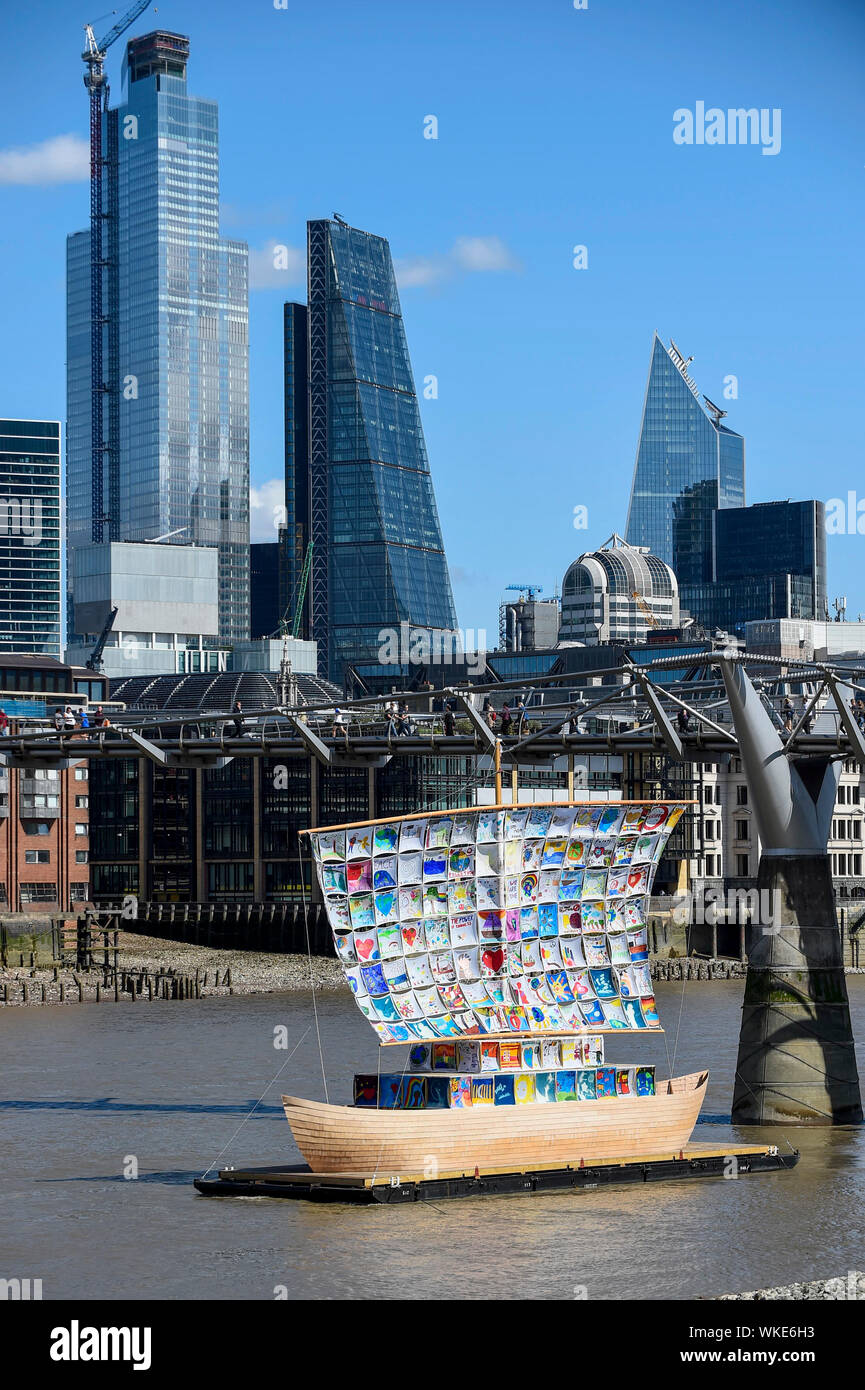 London, UK.  4 September 2019.  Launch of 'The Ship of Tolerance' at Tate Modern, Bankside.  The floating installation by Emilia Kabakov (of Russian conceptual artist duo Ilya and Emilia Kabakov) forms part of Totally Thames Festival and will be moored 4 September to 31 October.  The goal of the artwork is to educate and connect the youth of the world through the language of art.  Credit: Stephen Chung / Alamy Live News Stock Photo