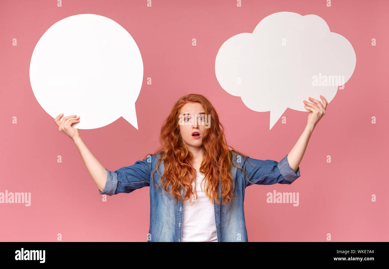 Redhead Girl Holding Two Speech Bubbles Having Complex Choice Stock