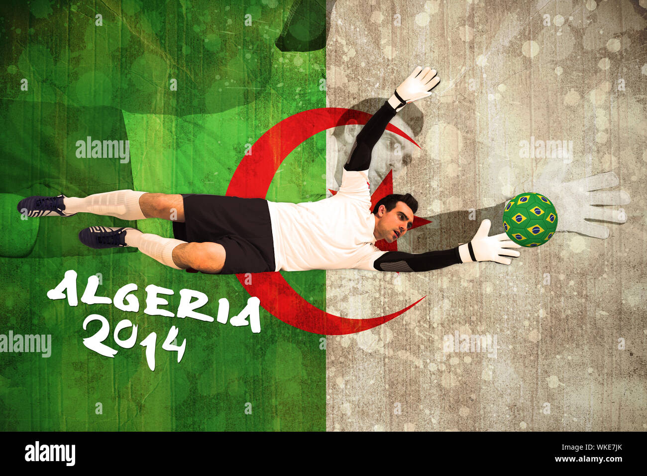 Goalkeeper in white making a save against algeria flag in grunge effect Stock Photo