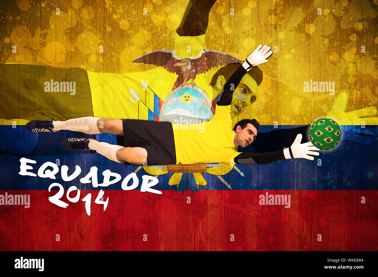 Goalkeeper in yellow making a save against ecuador flag in grunge effect Stock Photo